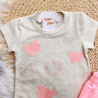 Conj. Blusa em Linho Ursinhas Rosas e Short - Areia